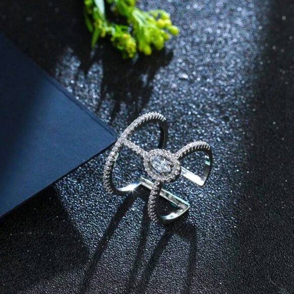 Women's Boho White Zirconia Oval Halo Cut Dainty Ring with Pavé Accents - Picture 2 of 5